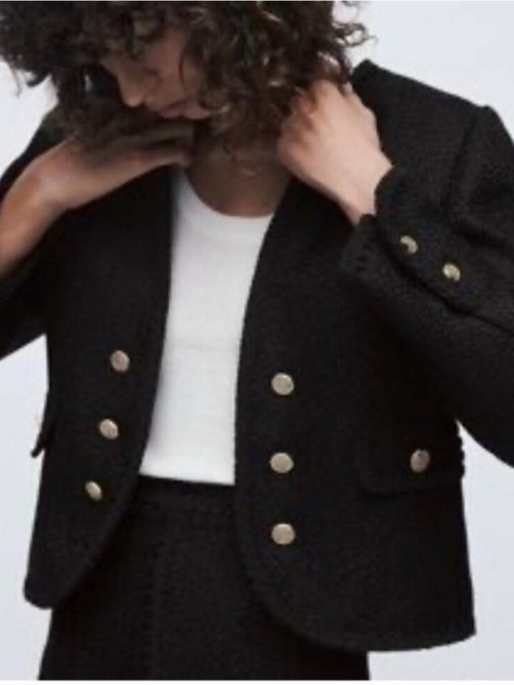 Zara Black Tweed Cropped Blazer with Gold Buttons size L